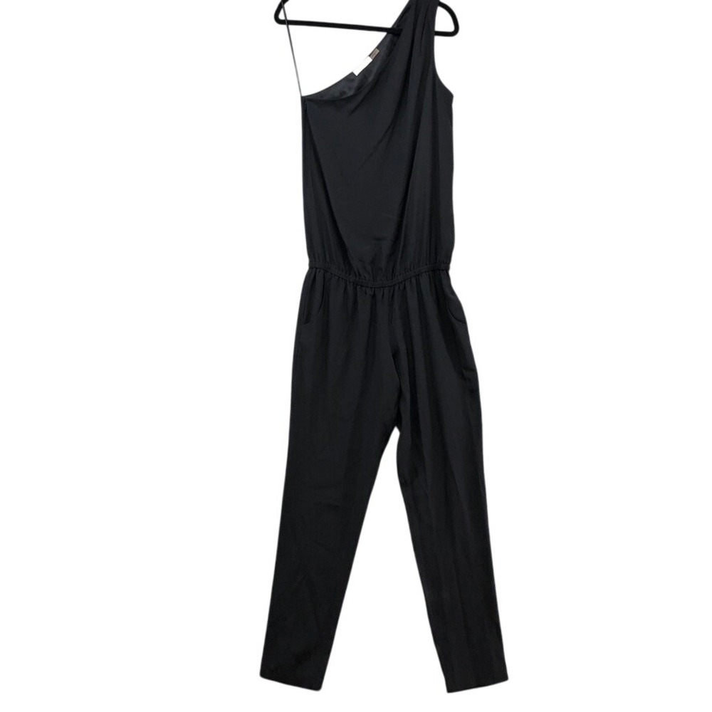 Ramy Brook Jumpsuit Womens Medium Black Silk One Shoulder Elastic Waist Pockets